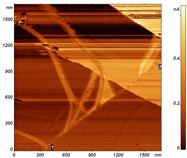 Current image in SRM mode.  Dislocations ended on domain boundary.  Graphite surface (HOPG 0.4 deg)  Probe fpC11 with Au coating